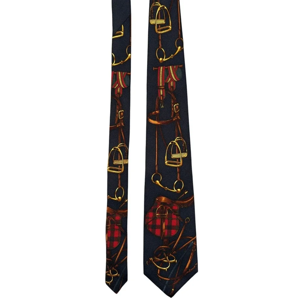 Vintage Polo Ralph Lauren Silk Tie Navy Blue Red Equestrian Handmade USA Y2K NWT